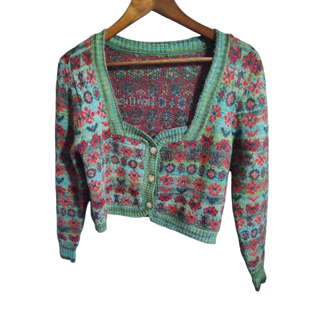 Souk + Sepia Cropped Floral Fair Isle Cardigan Sweater Boho Cottagecore
Green M - Picture 2 of 4
